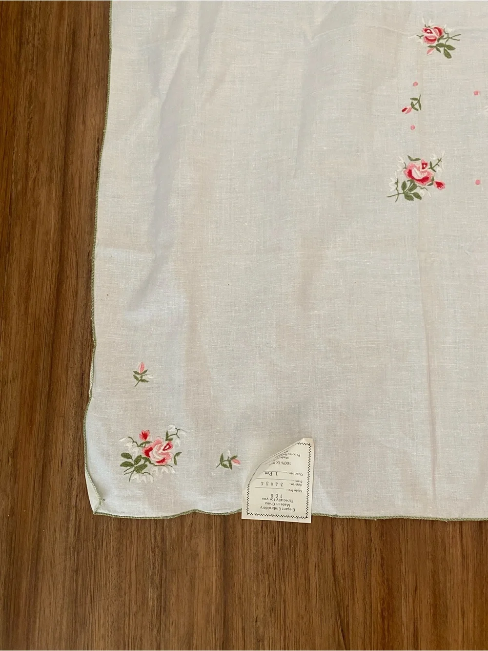 Vintage Square Hand-Embroidered Rose Floral Tablecloth Topper Linen